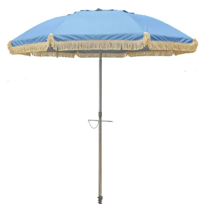 PREMIUM FRINGE 210CM BEACH UMBRELLA - LIGHT BLUE