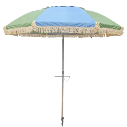 PREMIUM FRINGE 210CM BEACH UMBRELLA - SAGE & LIGHT BLUE